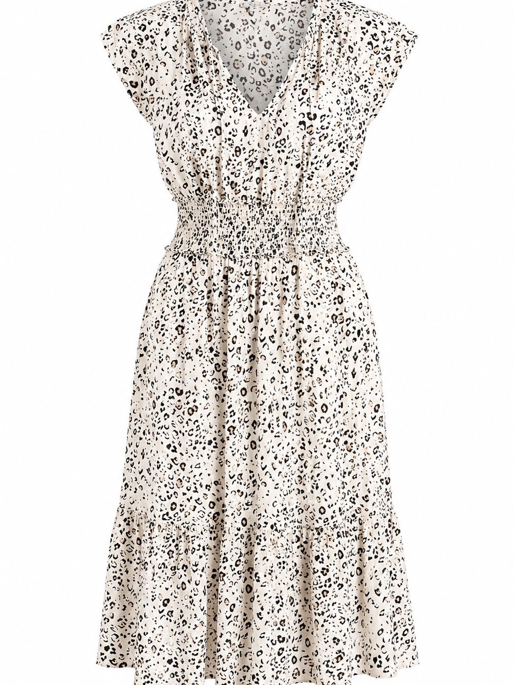 Rails Ashlyn Dress XS White Mocha Leopard Smocked Midi Boho Chic Pockets
